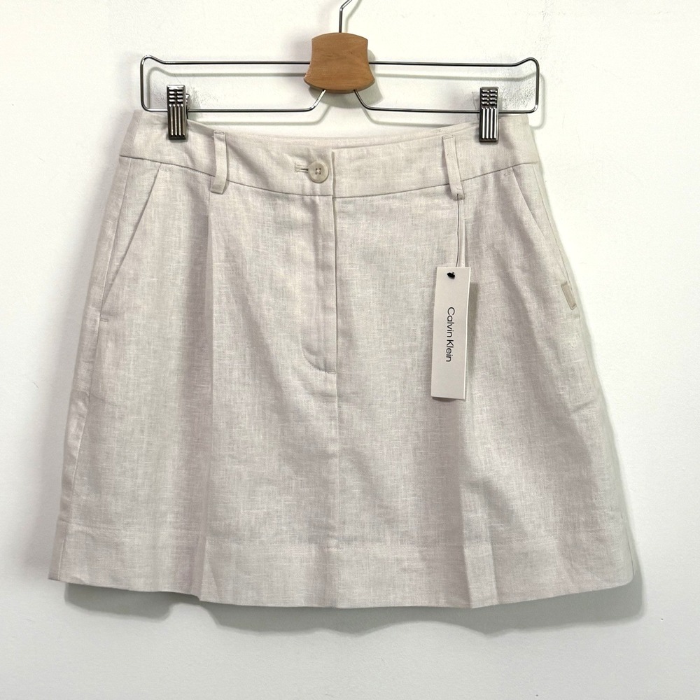 Calvin Klein Skirt 2 Mini Short Linen Blend White Sand Classic Career Preppy NEW